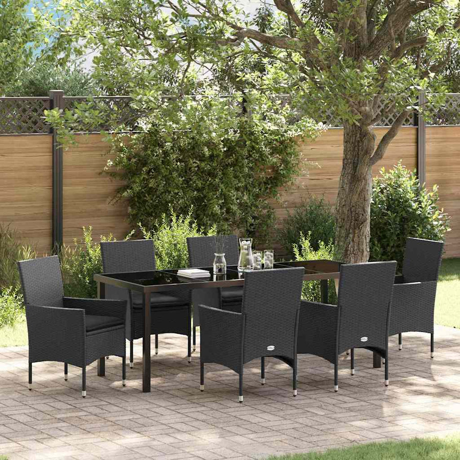 Tuin eettafelset met kussen 7 pcs Zwart poly rattan