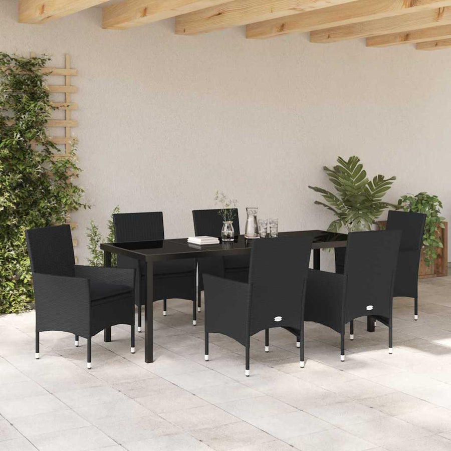 Tuin eettafelset met kussen 7 pcs Zwart poly rattan