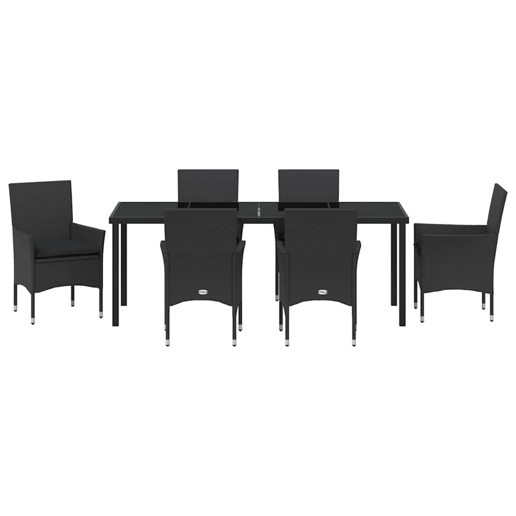 Tuin eettafelset met kussen 7 pcs Zwart poly rattan