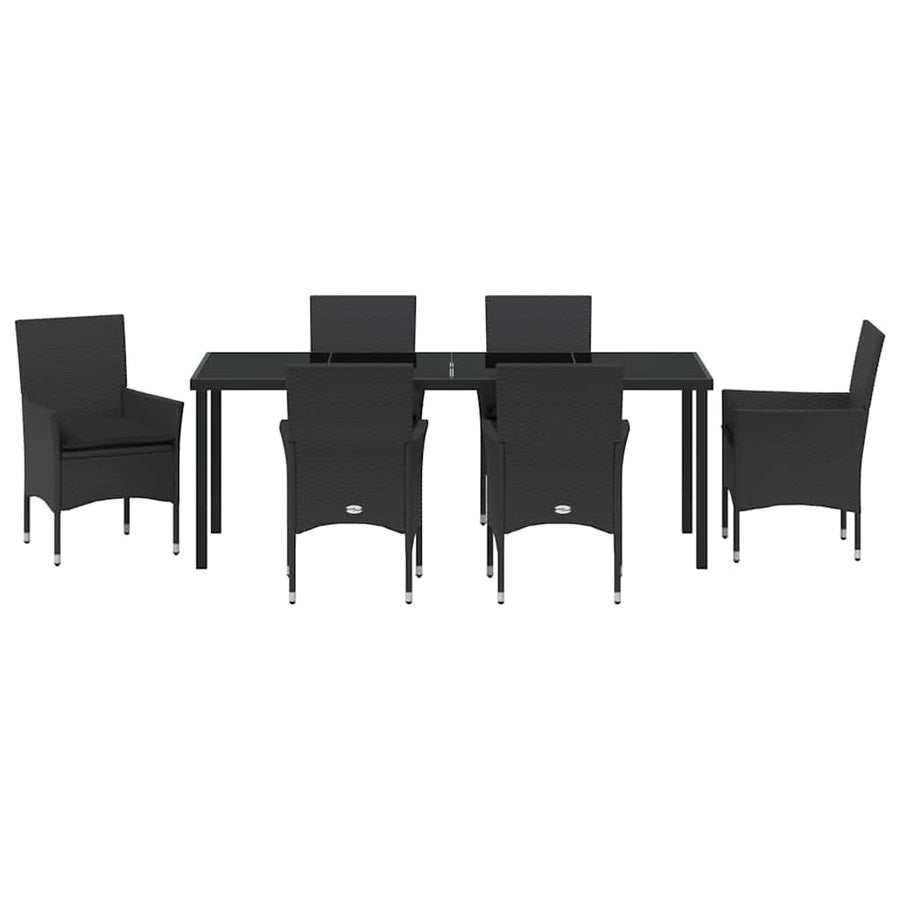 Tuin eettafelset met kussen 7 pcs Zwart poly rattan