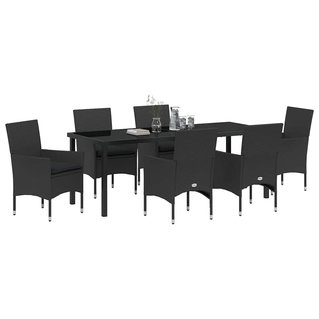 Tuin eettafelset met kussen 7 pcs Zwart poly rattan