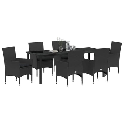 Tuin eettafelset met kussen 7 pcs Zwart poly rattan