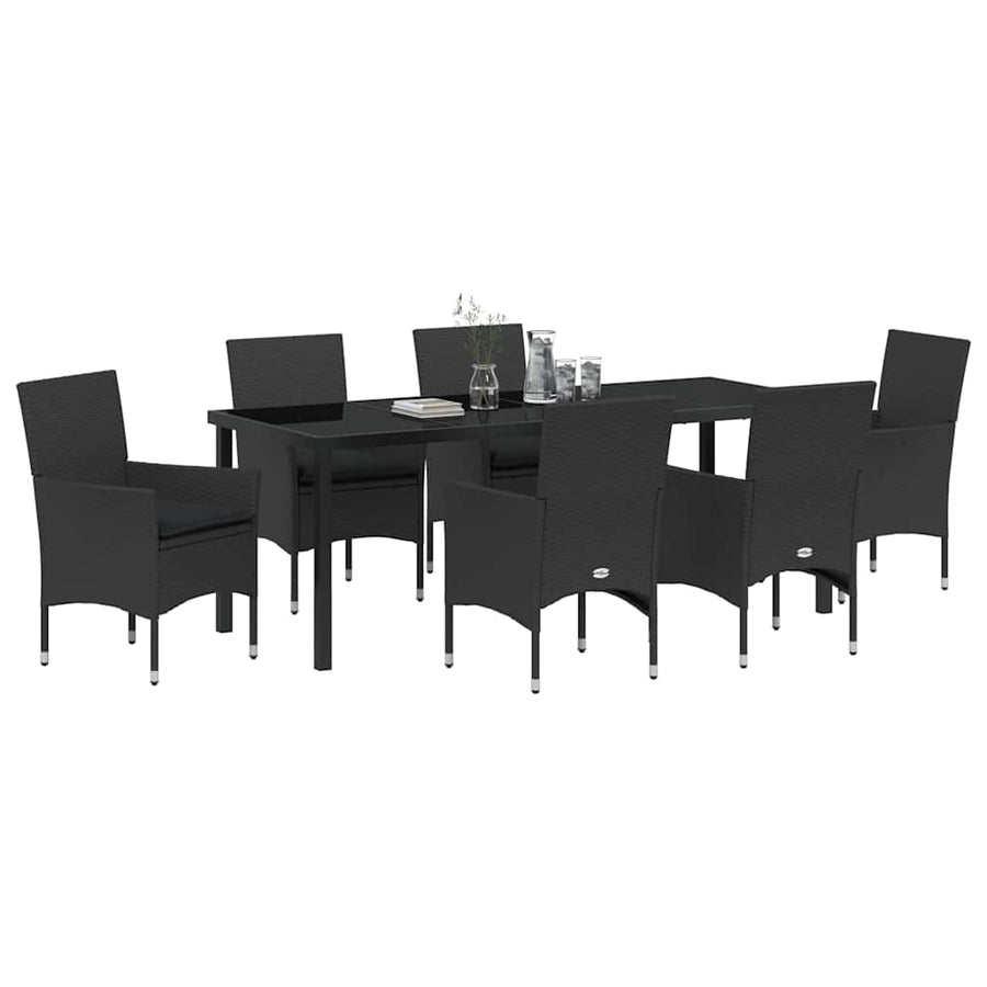 Tuin eettafelset met kussen 7 pcs Zwart poly rattan