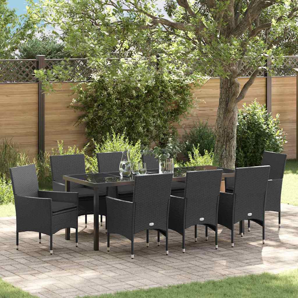 Tuin eettafelset met kussen 9 pcs Zwart poly rattan