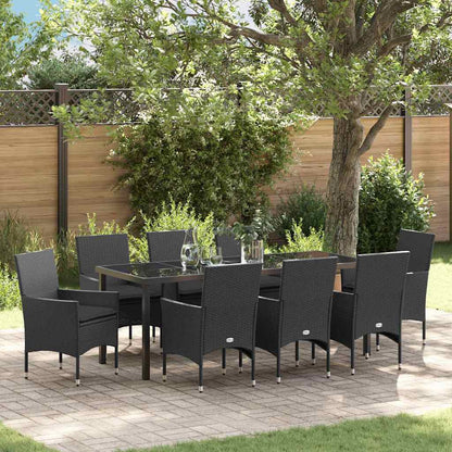 Tuin eettafelset met kussen 9 pcs Zwart poly rattan