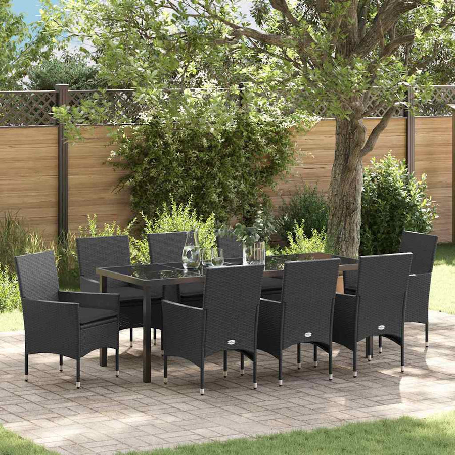 Tuin eettafelset met kussen 9 pcs Zwart poly rattan