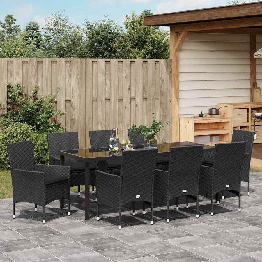 Tuin eettafelset met kussen 9 pcs Zwart poly rattan