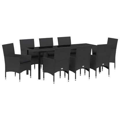 Tuin eettafelset met kussen 9 pcs Zwart poly rattan