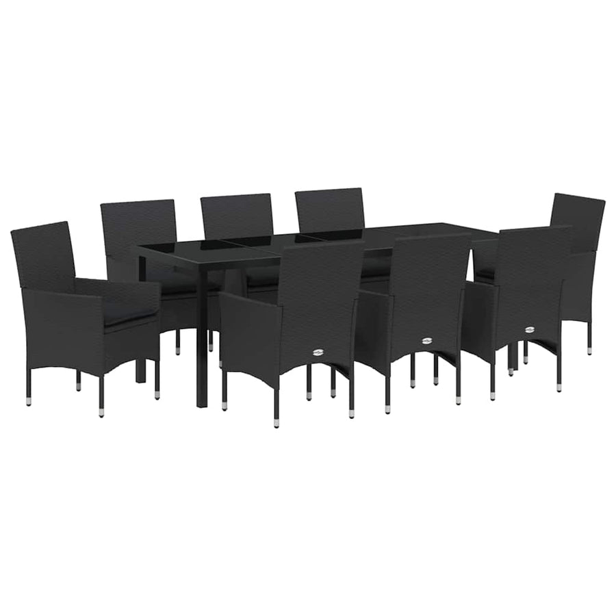 Tuin eettafelset met kussen 9 pcs Zwart poly rattan