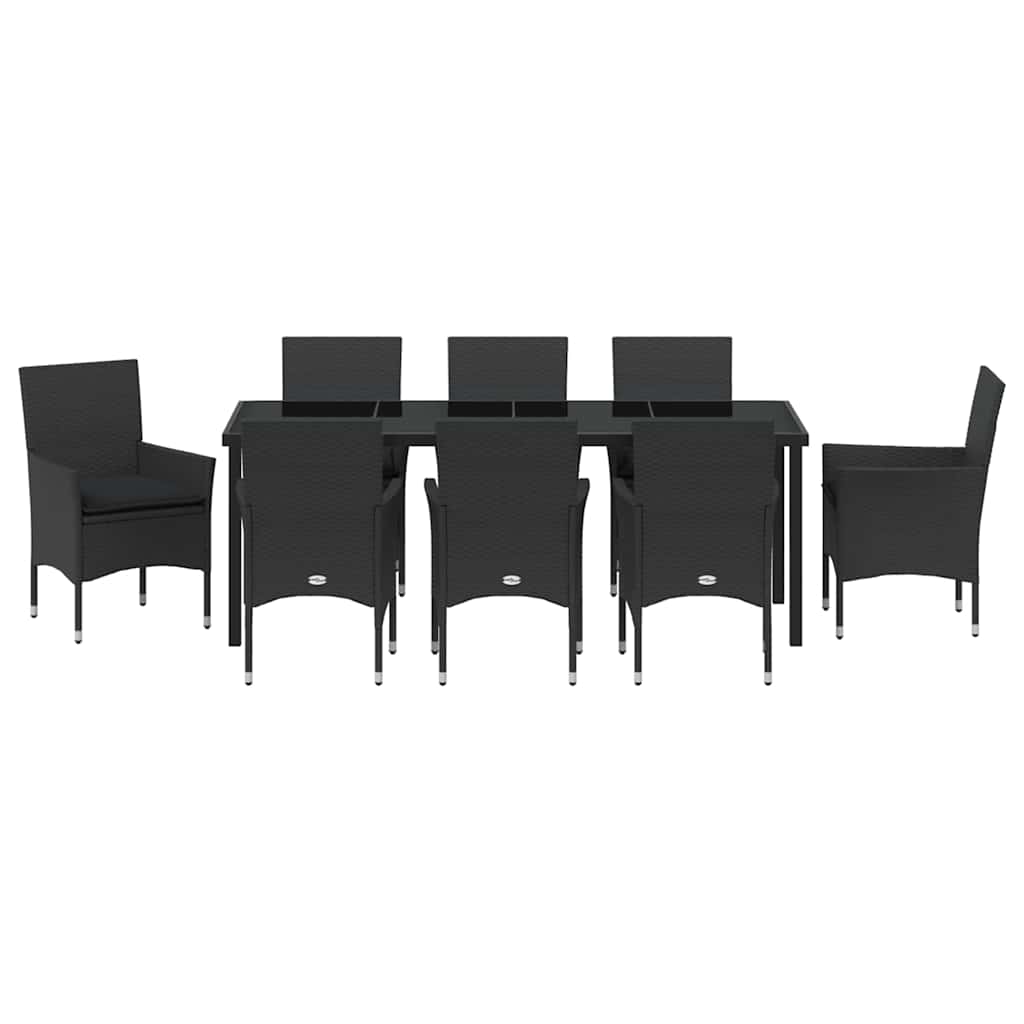 Tuin eettafelset met kussen 9 pcs Zwart poly rattan
