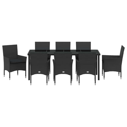 Tuin eettafelset met kussen 9 pcs Zwart poly rattan