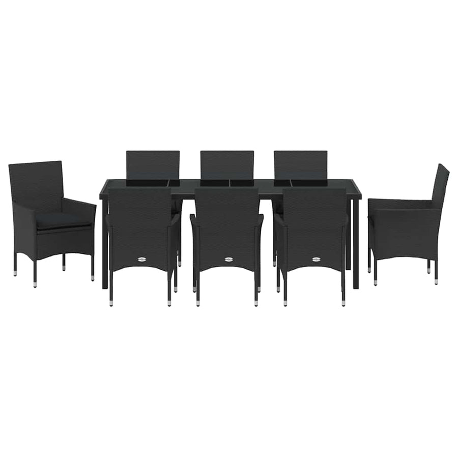 Tuin eettafelset met kussen 9 pcs Zwart poly rattan