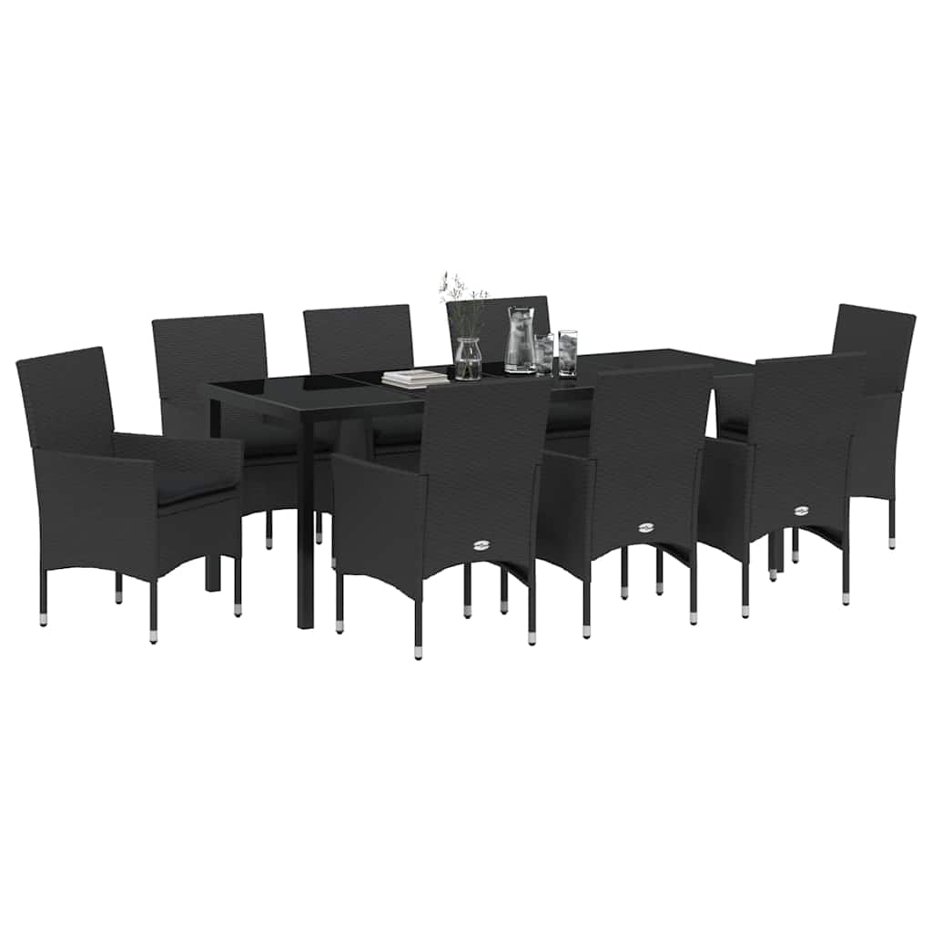 Tuin eettafelset met kussen 9 pcs Zwart poly rattan