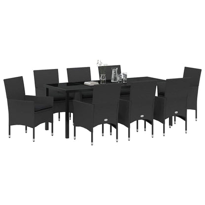 Tuin eettafelset met kussen 9 pcs Zwart poly rattan