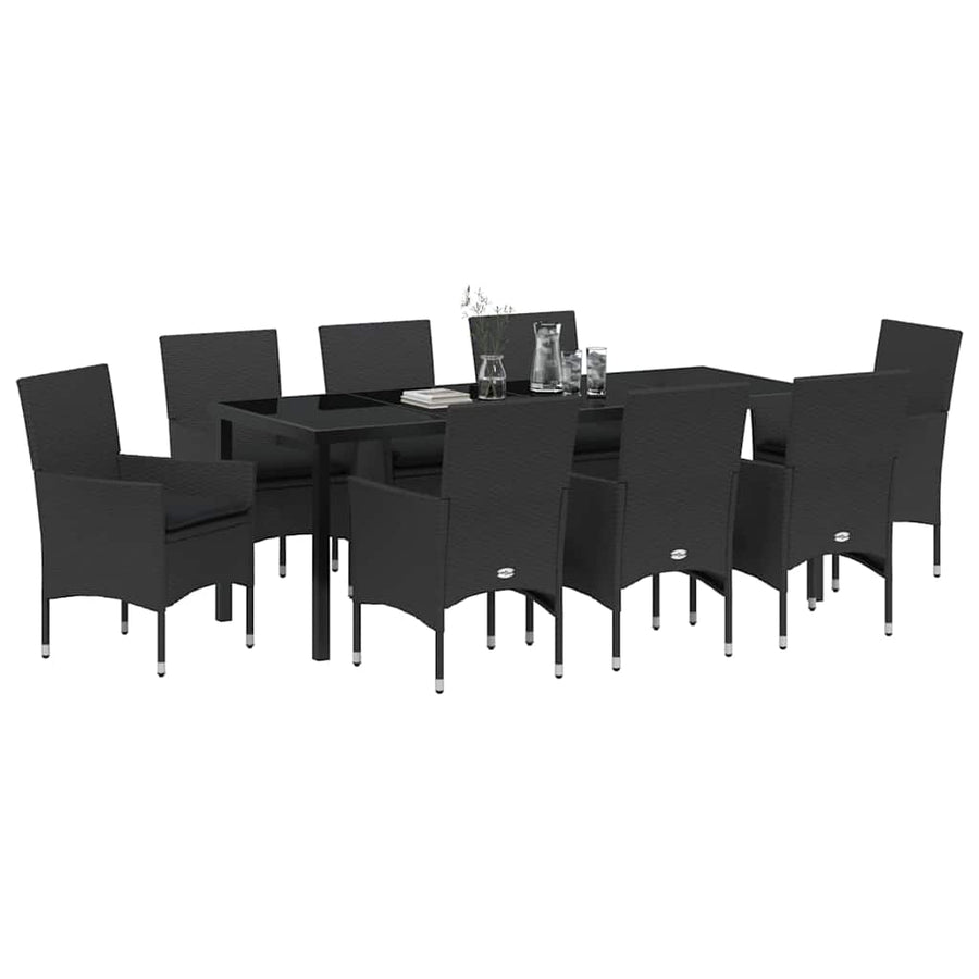 Tuin eettafelset met kussen 9 pcs Zwart poly rattan