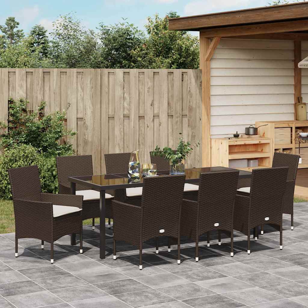 Tuin eettafelset met kussen 9 pcs Bruin poly rattan