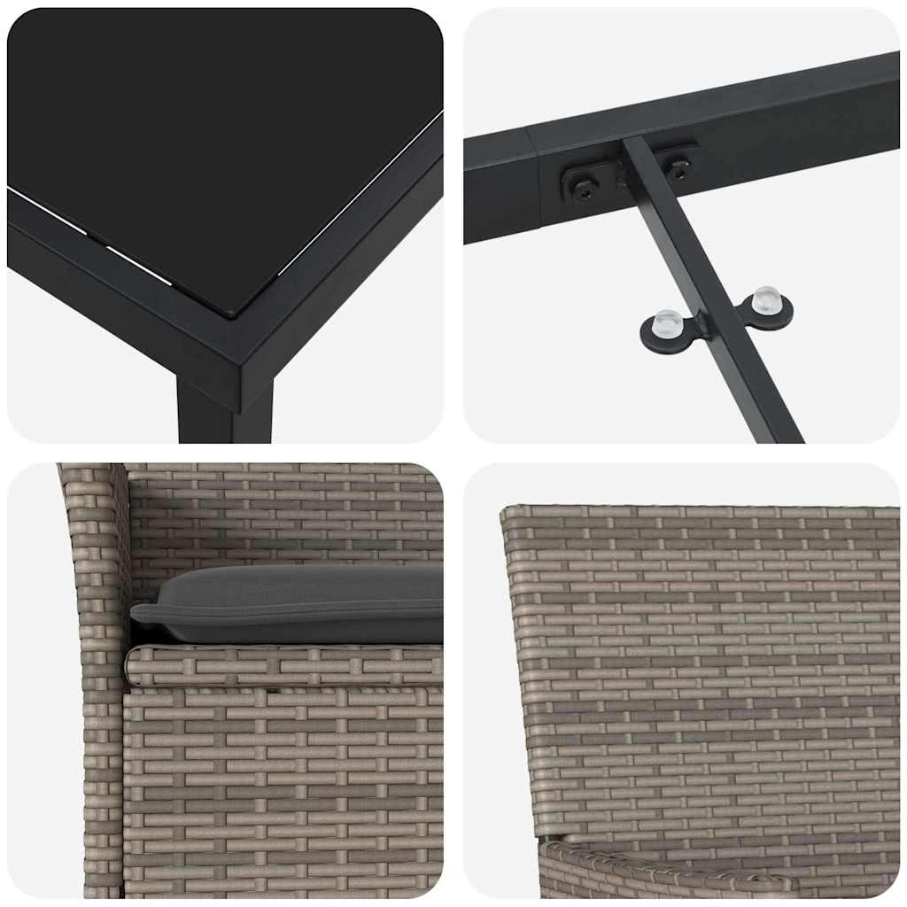 Tuin eettafelset met kussen 3 pcs Grijs poly rattan
