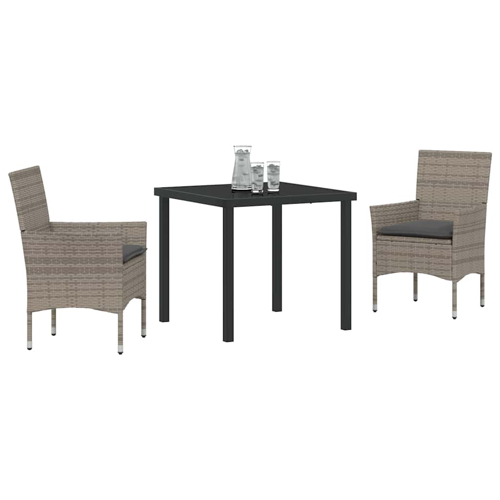 Tuin eettafelset met kussen 3 pcs Grijs poly rattan