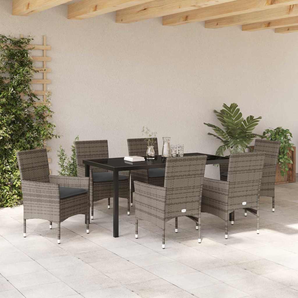 Tuin eettafelset met kussen 7 pcs Grijs poly rattan