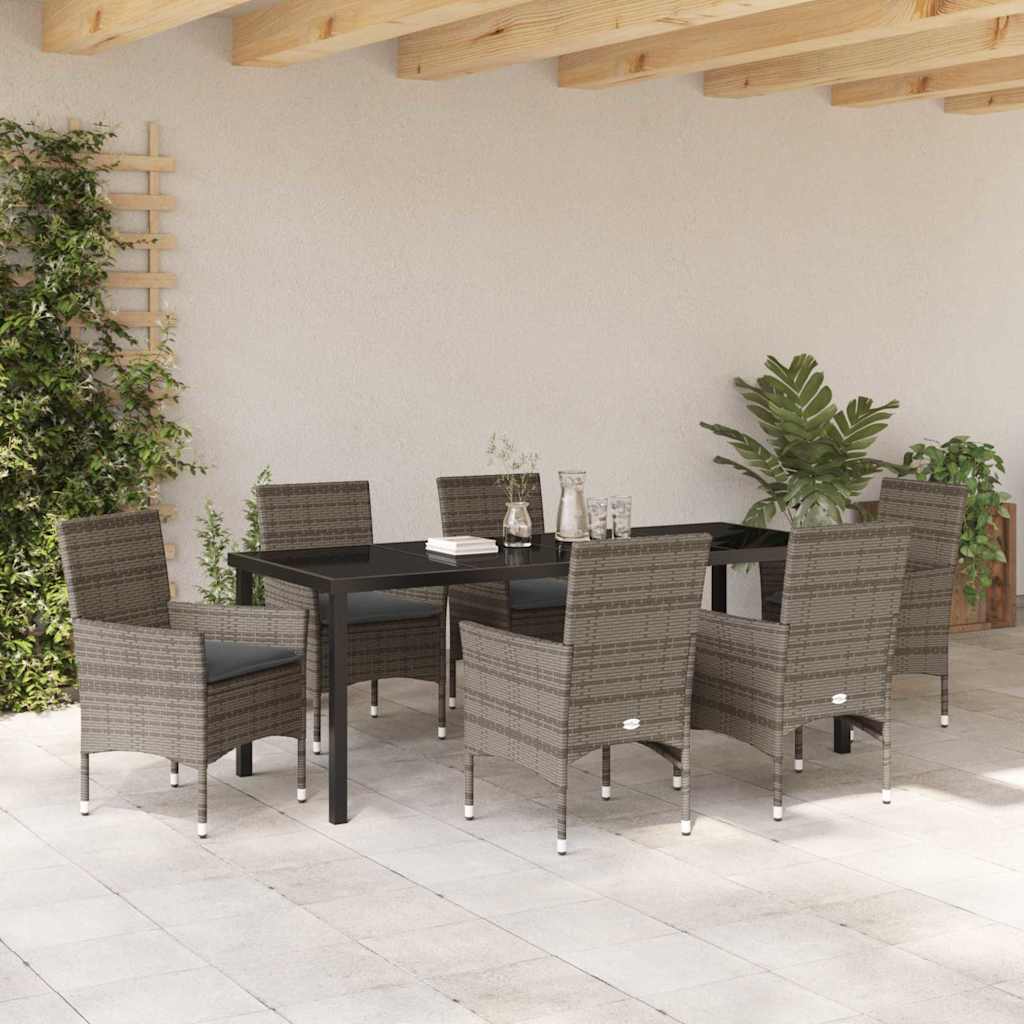 Tuin eettafelset met kussen 7 pcs Grijs poly rattan