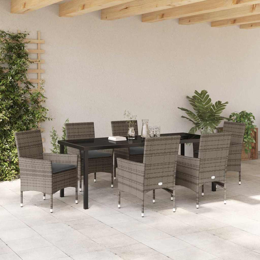 Tuin eettafelset met kussen 7 pcs Grijs poly rattan