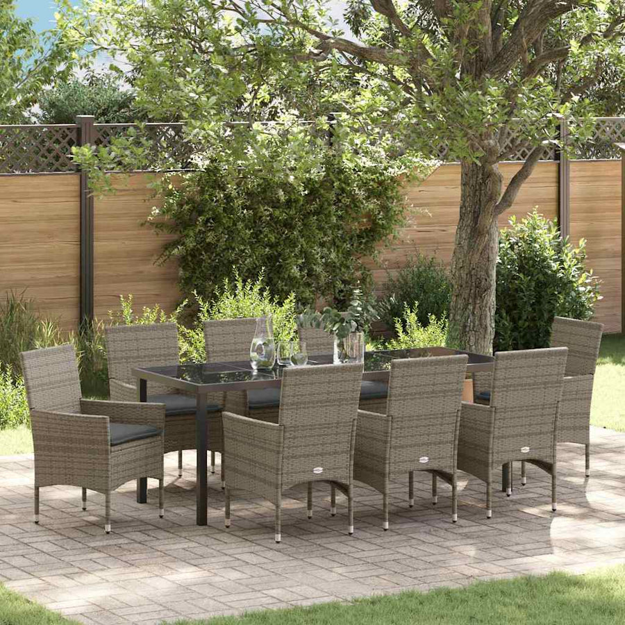 Tuin eettafelset met kussen 9 pcs Grijs poly rattan