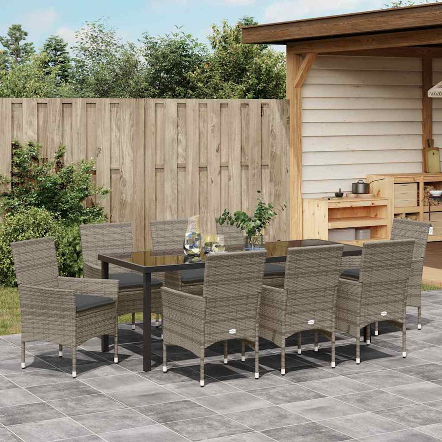 Tuin eettafelset met kussen 9 pcs Grijs poly rattan