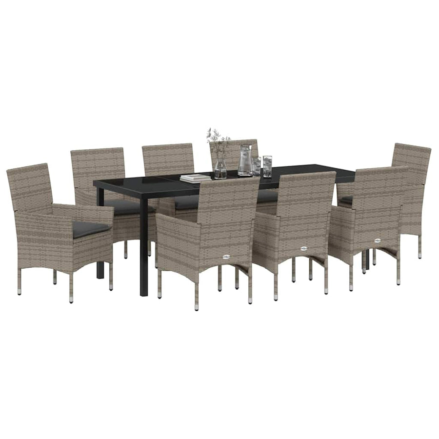 Tuin eettafelset met kussen 9 pcs Grijs poly rattan