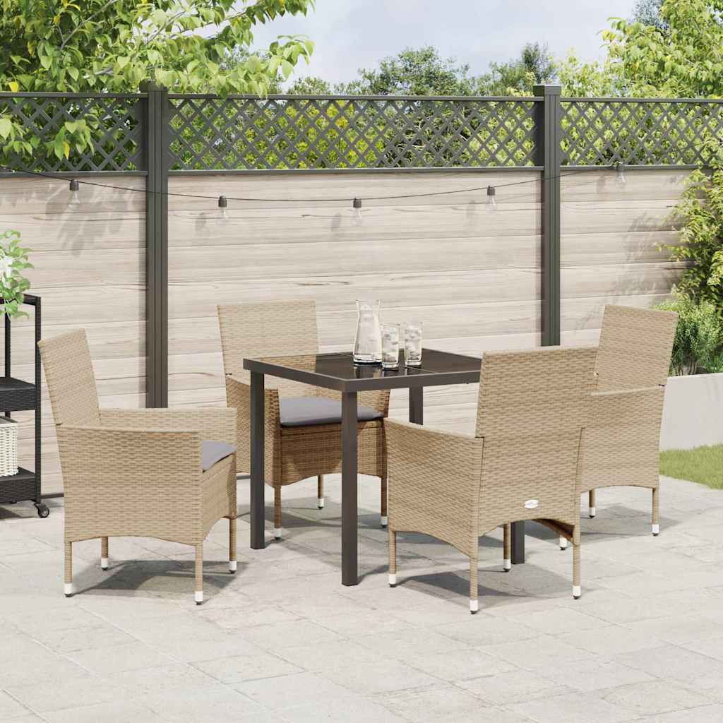 Tuin eettafelset met kussen 5 pcs Beige poly rattan