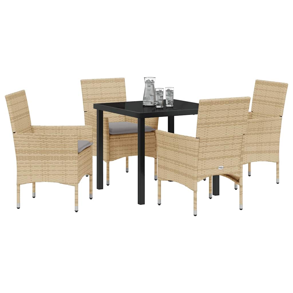 Tuin eettafelset met kussen 5 pcs Beige poly rattan
