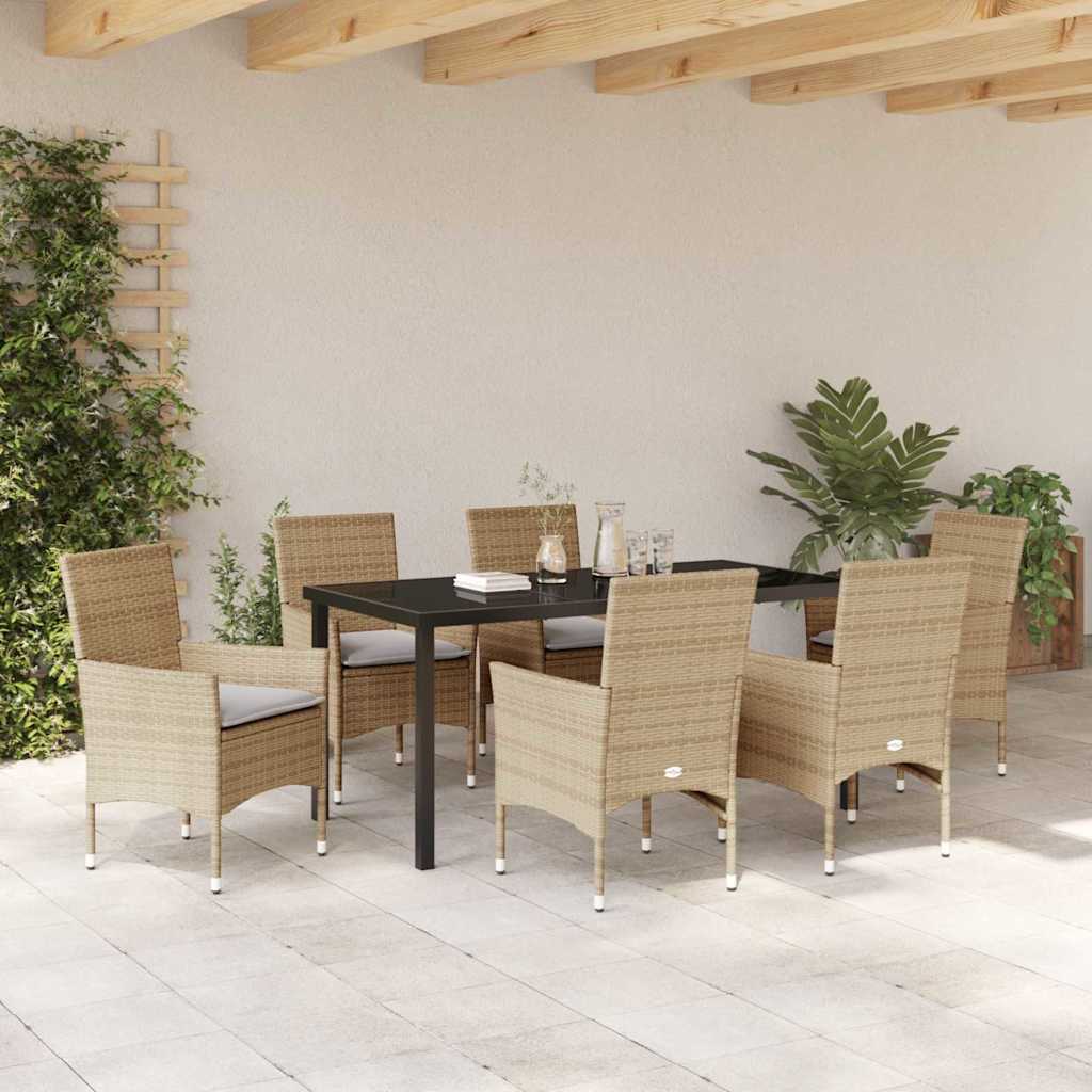 Tuin eettafelset met kussen 7 pcs Beige poly rattan