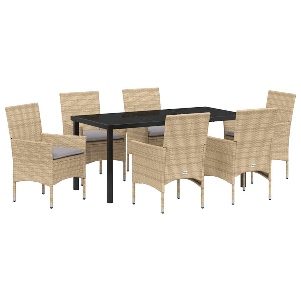 Tuin eettafelset met kussen 7 pcs Beige poly rattan