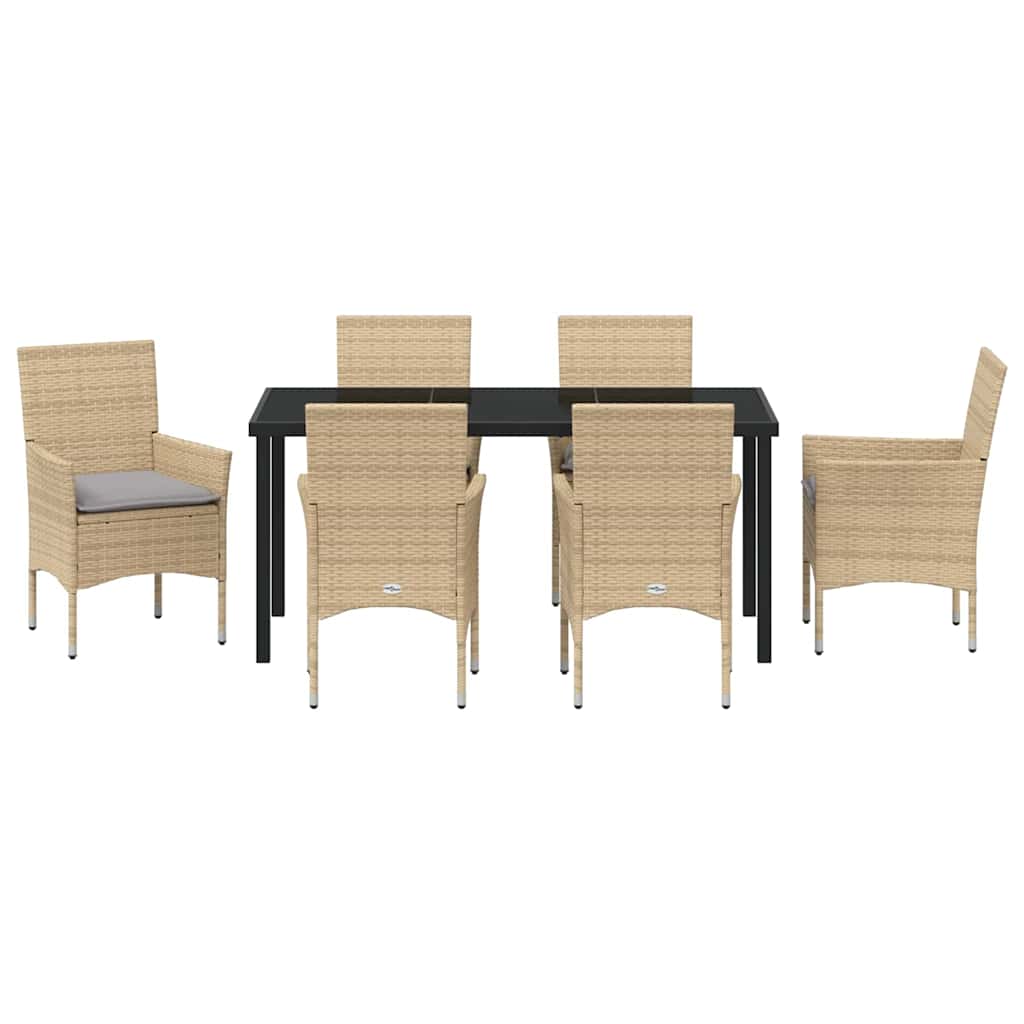 Tuin eettafelset met kussen 7 pcs Beige poly rattan