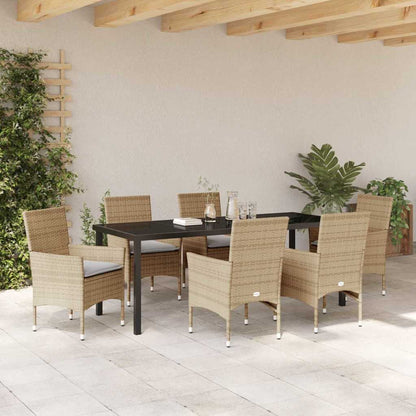 Tuin eettafelset met kussen 7 pcs Beige poly rattan