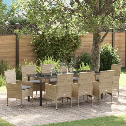 Tuin eettafelset met kussen 9 pcs Beige poly rattan
