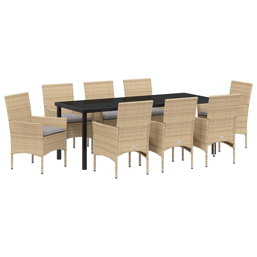 Tuin eettafelset met kussen 9 pcs Beige poly rattan