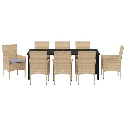 Tuin eettafelset met kussen 9 pcs Beige poly rattan
