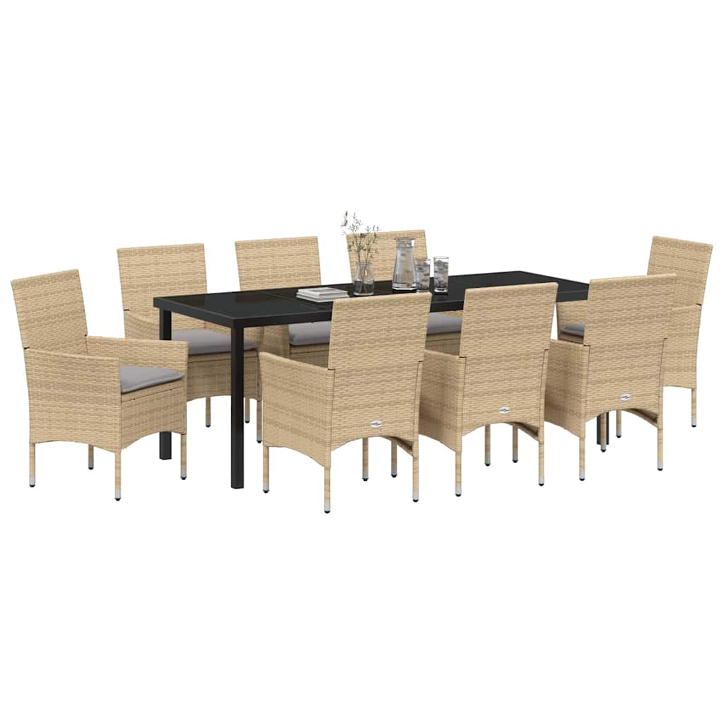 Tuin eettafelset met kussen 9 pcs Beige poly rattan