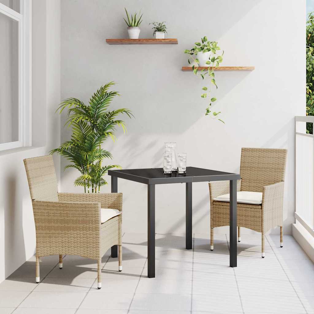 Tuin eettafelset met kussen 3 pcs Beige poly rattan