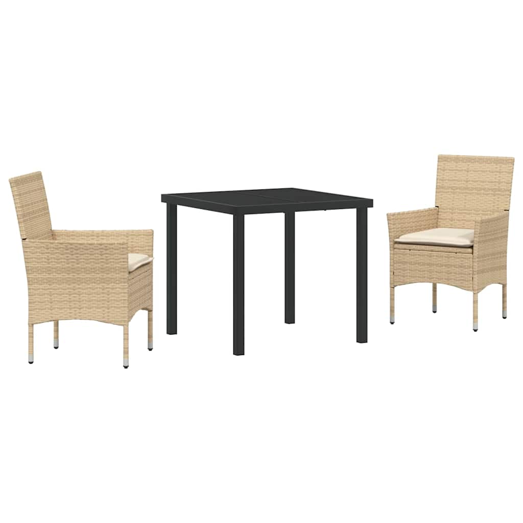 Tuin eettafelset met kussen 3 pcs Beige poly rattan