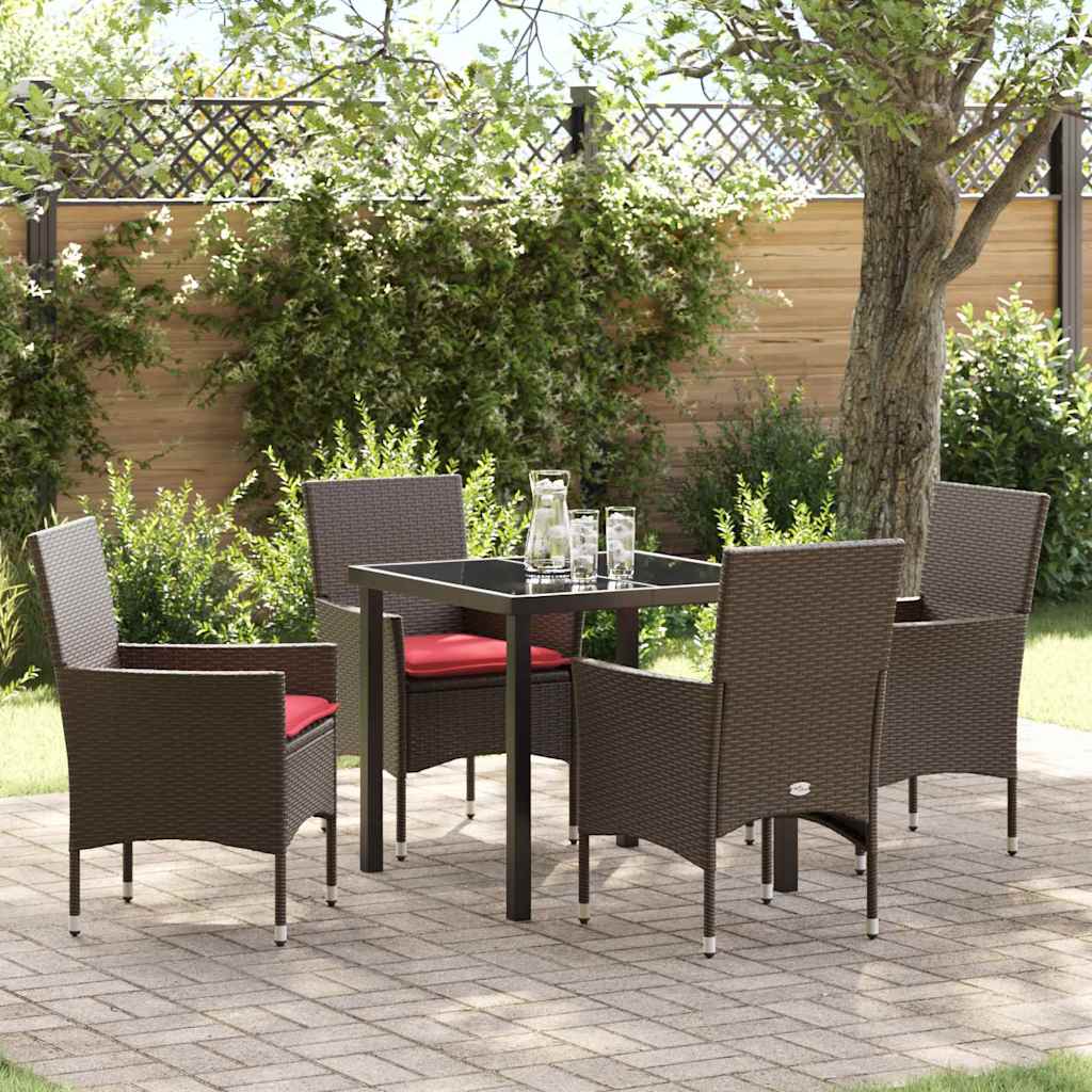 Tafel en stoelen set met kussen 5 pcs Bruin PE Rattan