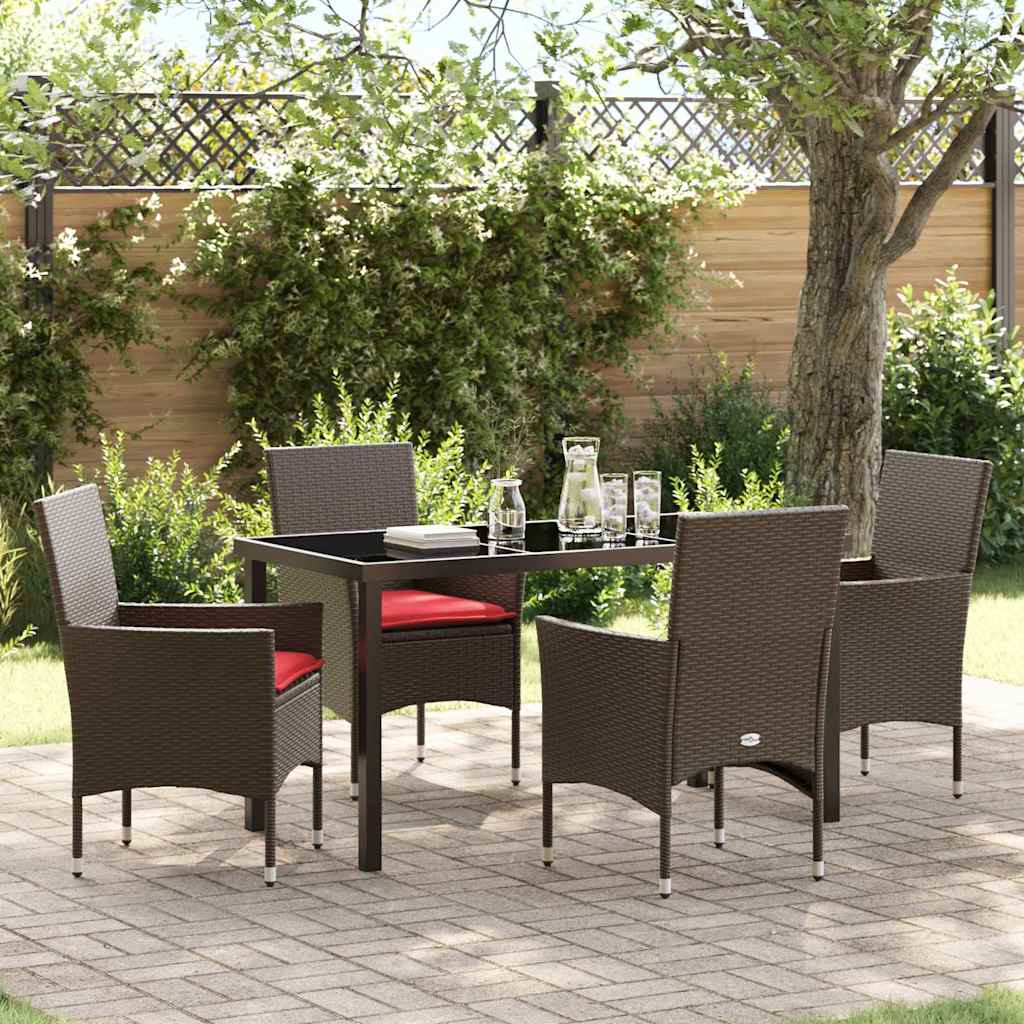 Tafel en stoelen set met kussen 5 pcs Bruin PE Rattan