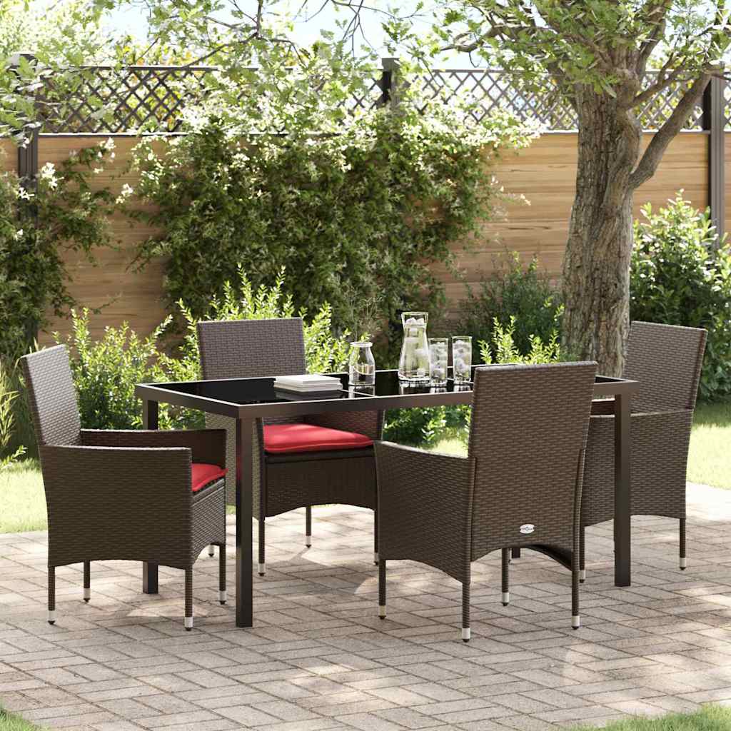 Tafel en stoelen set met kussen 5 pcs Bruin PE Rattan