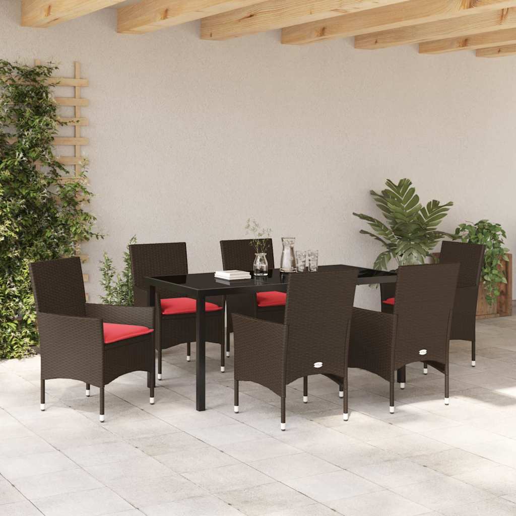 Tafel en stoelen set met kussen 7 pcs Bruin PE Rattan
