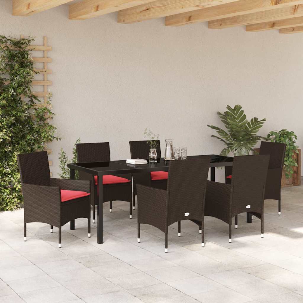 Tafel en stoelen set met kussen 7 pcs Bruin PE Rattan