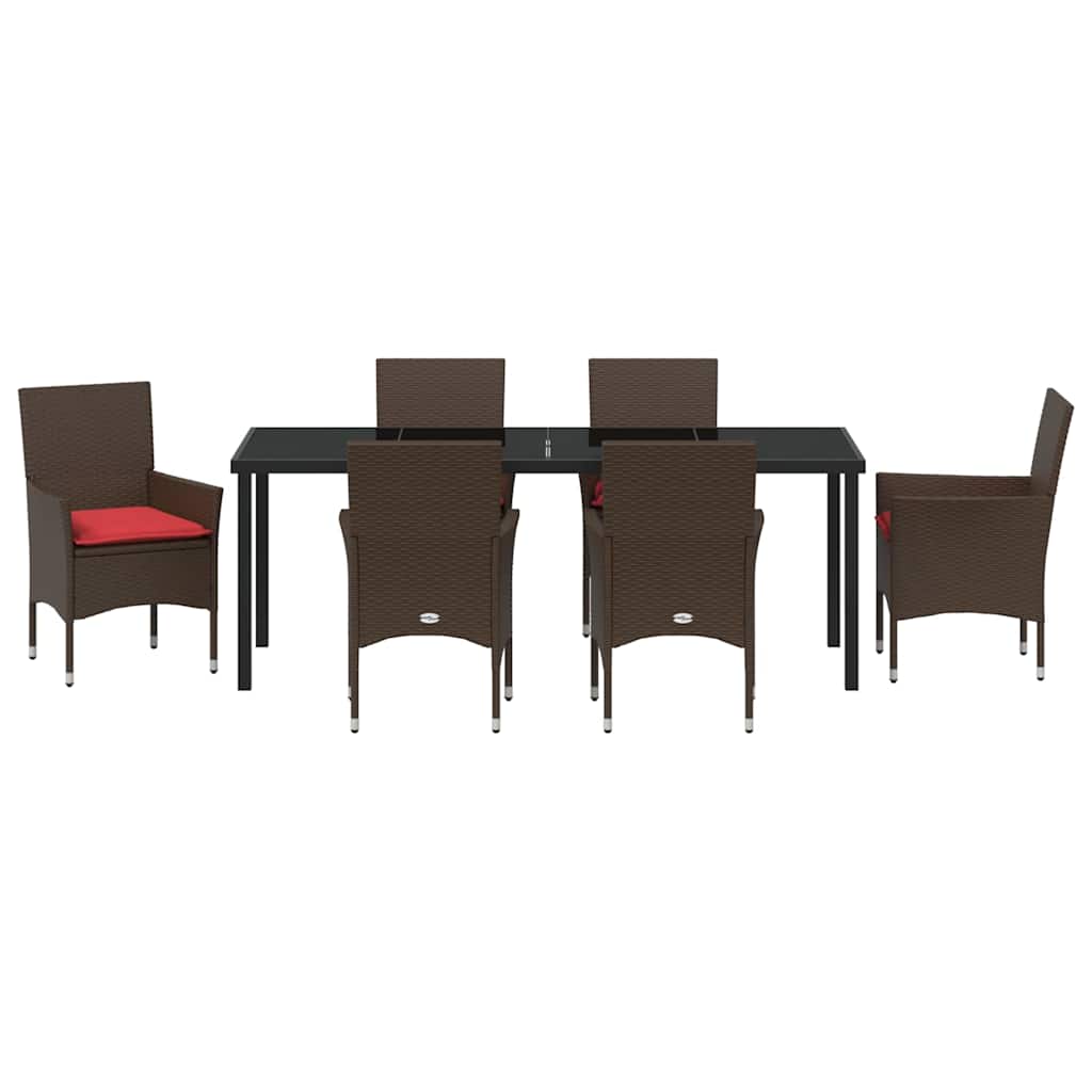 Tafel en stoelen set met kussen 7 pcs Bruin PE Rattan