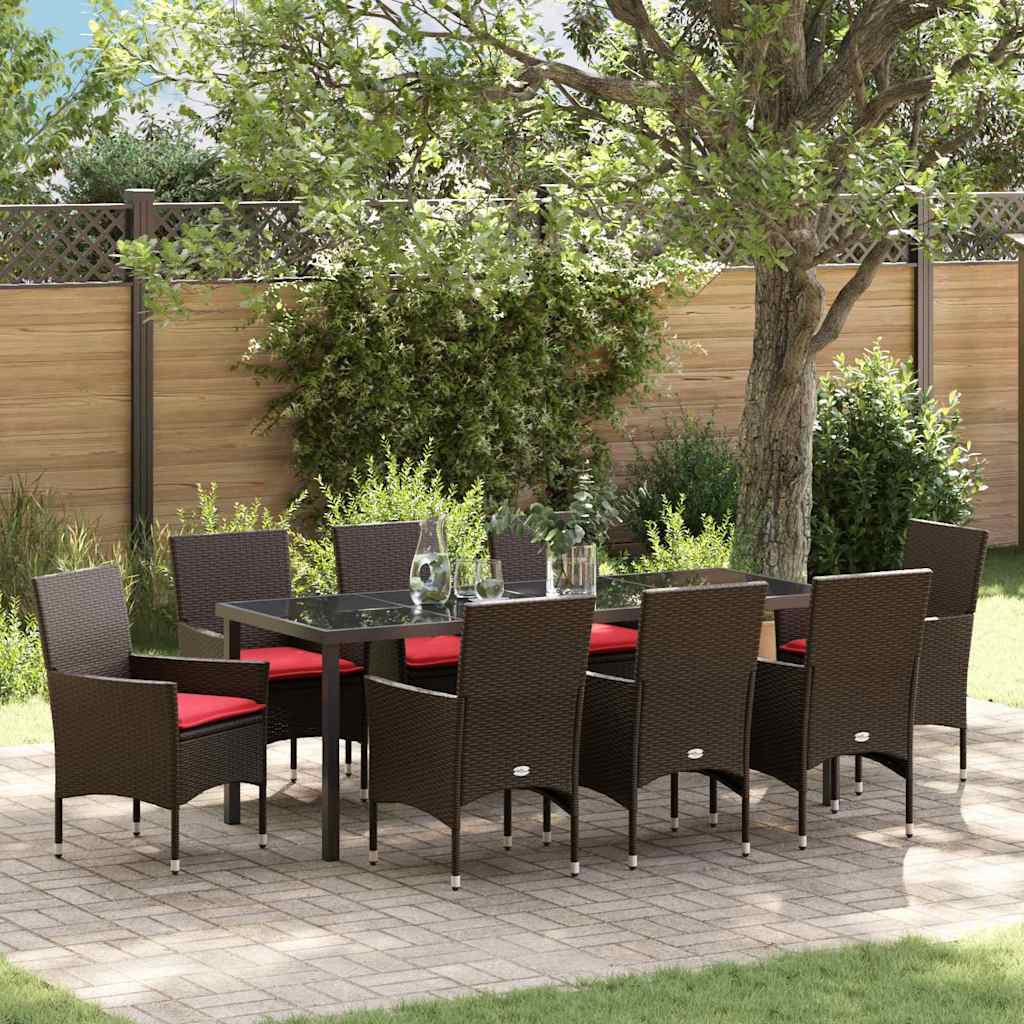 Tafel en stoelen set met kussen 9 pcs Bruin PE Rattan