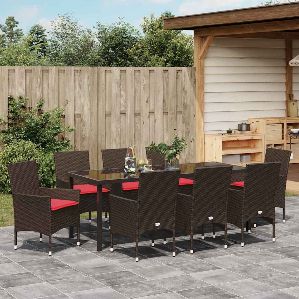 Tafel en stoelen set met kussen 9 pcs Bruin PE Rattan