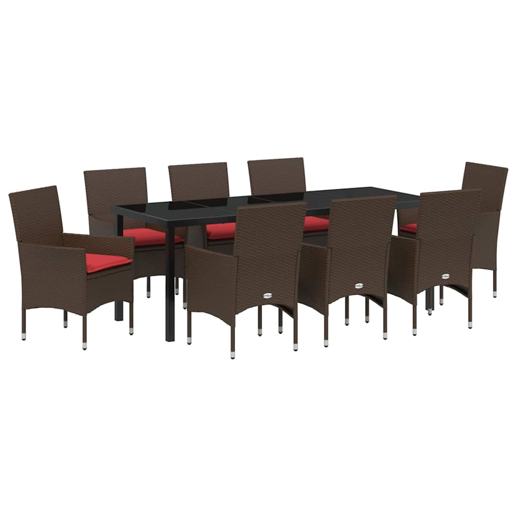 Tafel en stoelen set met kussen 9 pcs Bruin PE Rattan