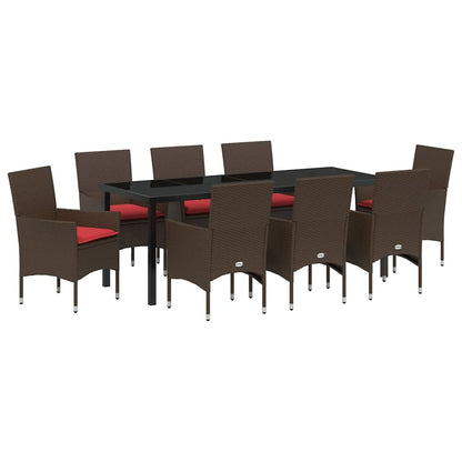 Tafel en stoelen set met kussen 9 pcs Bruin PE Rattan